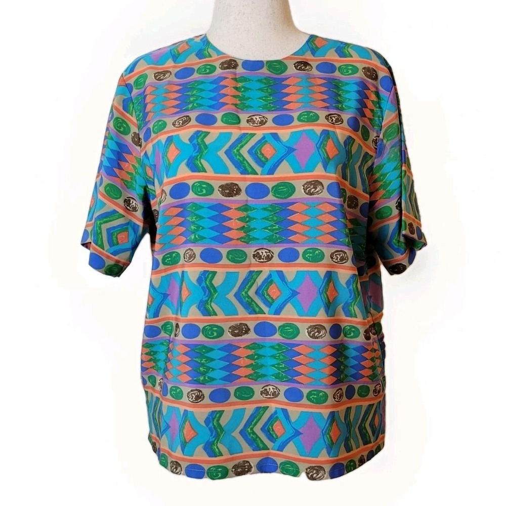 Vintage Jordan Shirt Womens L 80s Blouse Short Sleeve Retro Maximalist Colorful.